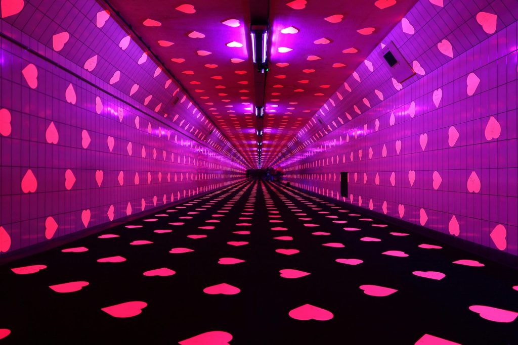 red and black polka dot hallway